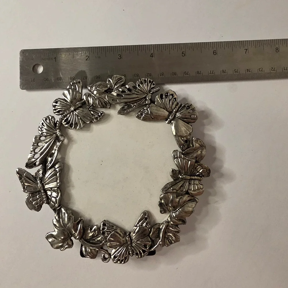 Vintage Silver Butterfly Wreath Round Picture Frame 5.5 Inch Metal Easel Back
